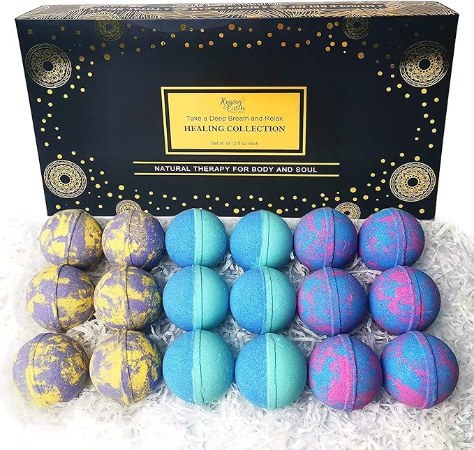 Aromatherapy Bath Bomb Set for Women & Men! Healing Essential Oil Bath Bombs Gift Box with 18 Large Natural Moisturizing Bath Fizzies Bulk Wrapped BathBomb Gift Set for Dry Skin - Bloomnest
