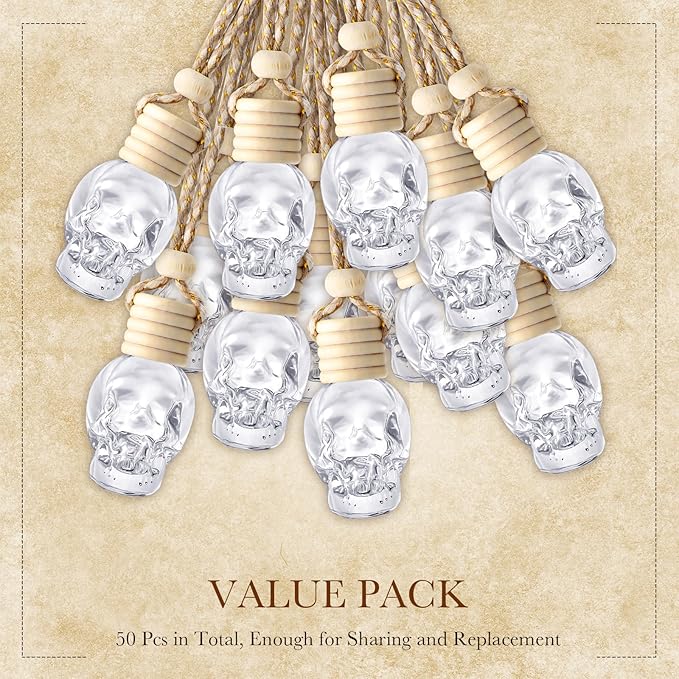 BBTO 50 Pcs Hanging Car Air Freshener Car Diffuser Bottles Empty Glass Perfume Bottle Freshener Diffuser Bottle Pendant for Essential Oil Fragrance Aromatherapy Bottle Ornament(Skull) - Bloomnest