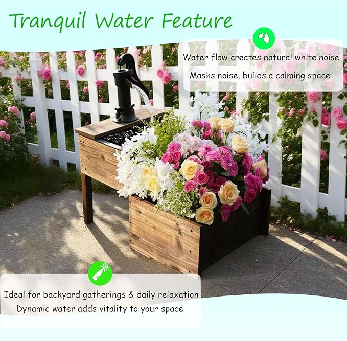 Outdoor Water Fountain，Floor Wooden Rectangular Double-Layer Old-Fashioned Pump Fountain with Flower Box，Plug-in Electric Decorative Hand Pump,Outdoor Water Feature for Garden Patio Backyard - Bloomnest