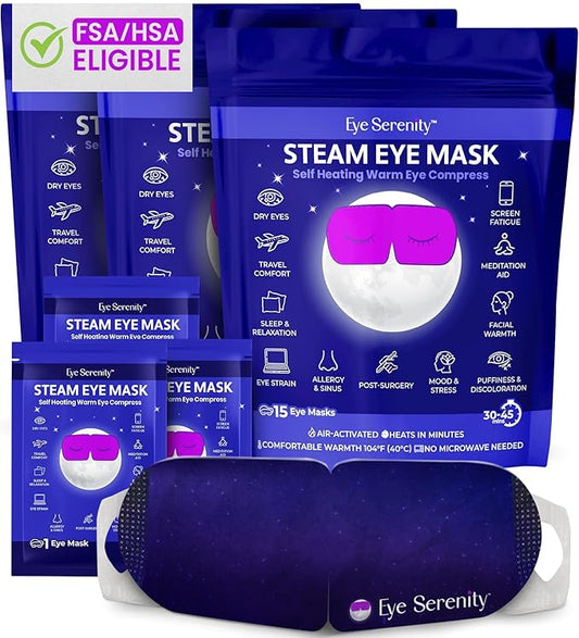 Steam Eye Mask by Eye Serenity Self-Heating Warm Compress, 45-Pack, Unscented, Dry Eye Relief, Perfect for Self-Care, Ideal for Office, Travel & Nightly Relaxation, Calm Sleep
