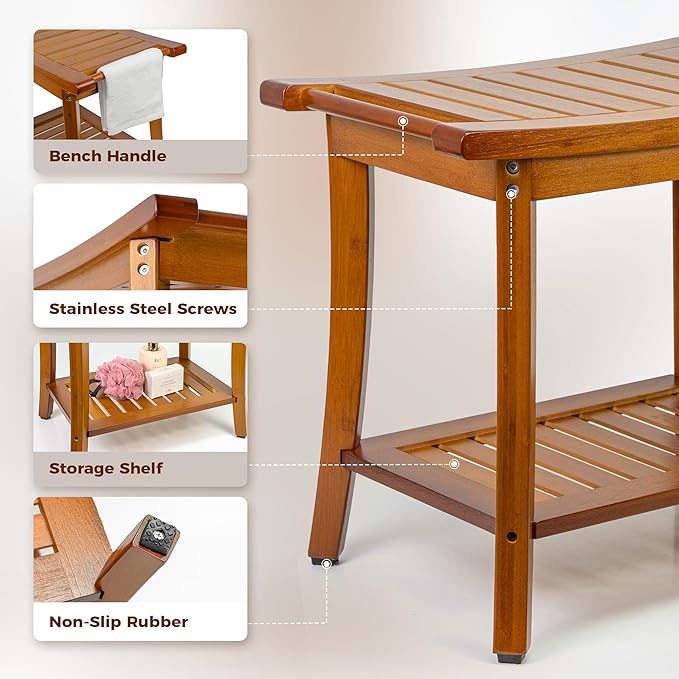 Utoplike Bamboo Shower Bench with Storage, Wood Shower Stool with Handles, Bathroom Seat for Towels, Spa, Inside Shower, Brown Finish - Bloomnest