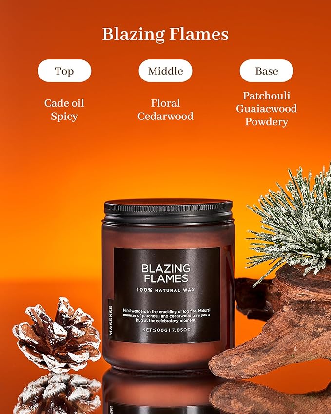 M&SENSE Blazing Flames Scent with Log Fire, Natural Soy Wax Slow Burning Candle for Home Decor, Cedarwood &Cade Scented 7.05oz 50 Hours Burn Cotton Wick Gifts for Celebration Holiday - Bloomnest