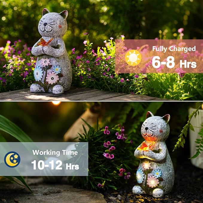 Solar Garden Statue Cat Figurine – Outdoor Decoration with Butterfly for Garden Yard Lawn Home Decor Outside : Unique Gifts for Mom Grandma - Bloomnest