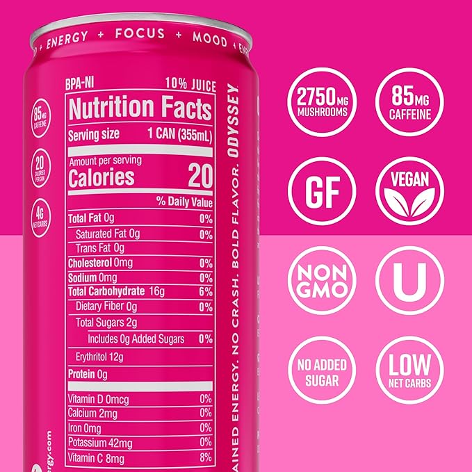 Odyssey Functional Energy Drink for Focus, Cognition & Mood Support 12 Pack - Adaptogenic Drink with 85mg Green Tea Caffeine, Lion’s Mane, Cordyceps, L-Theanine & Ginseng, Dragon Fruit Lemonade - Bloomnest