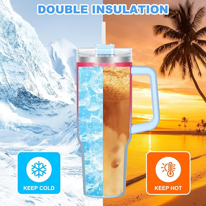 40 oz Tumbler with Handle and Flip Straw Lid, Vacuum Insulated Leak Proof Double Walled Stainless Steel Glitter Travel Mug Tumblers, Maintains Cold Ice and Heat for Hours(Pink Blue Gradient) - Bloomnest