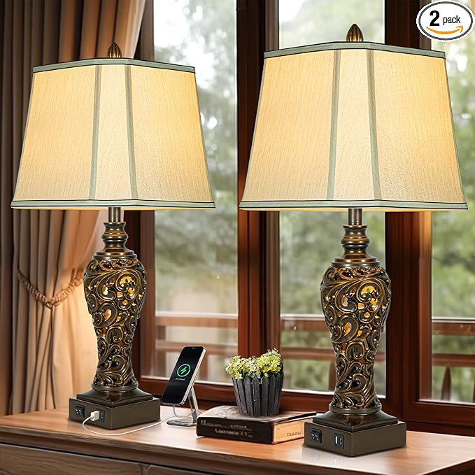 28.5" high Vintage Brown Table Lamps Set of 2 - Bedside Lamp with Faux Silk Shades - for Bedroom and Living Room with USB and Nightlight - Perfect for Nightstands and Bedrooms (Bulb Included) - Bloomnest