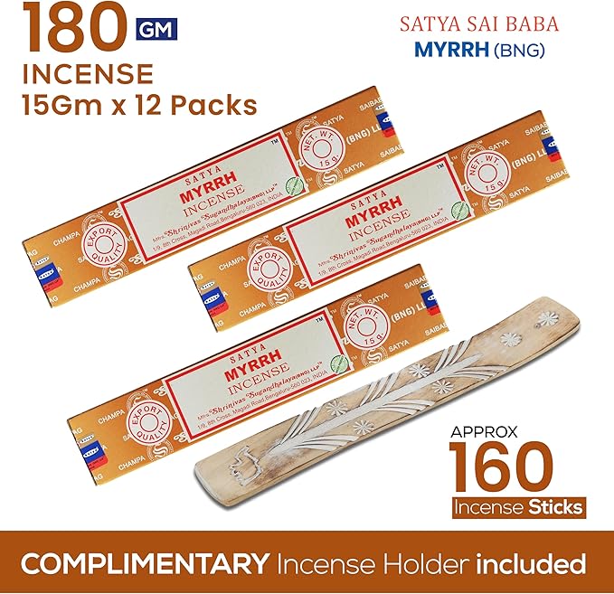 Satya Myrrh Incense Sticks, Bng 15gmx12 Pack With Raajsee Incense Holder Bundle, Nagchampa Natural - Bloomnest