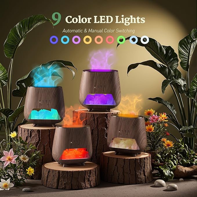 Essential Oil Diffuser for Home: 200ml Aromatherapy Diffuser with Himalayan Pink Salt Rock, Cool Mist Humidifier with Auto Off Function and 9 Colors LED Night Light for Bedroom, Black - Bloomnest