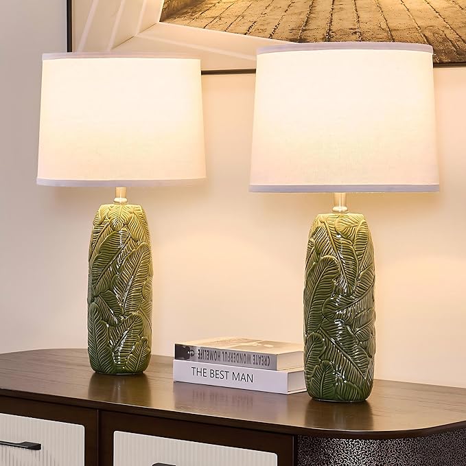 25” Green Lamps Set of 2 with Leaves Design for Living Room, Bedroom, Retro Ceramic Table Lamps for Nightstand Set of 2 - Bloomnest
