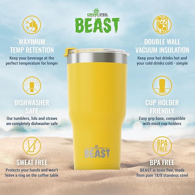 Beast 40 oz Tumbler Stainless Steel Vacuum Insulated Coffee Ice Cup Double Wall Travel Flask (Lemon) - Bloomnest