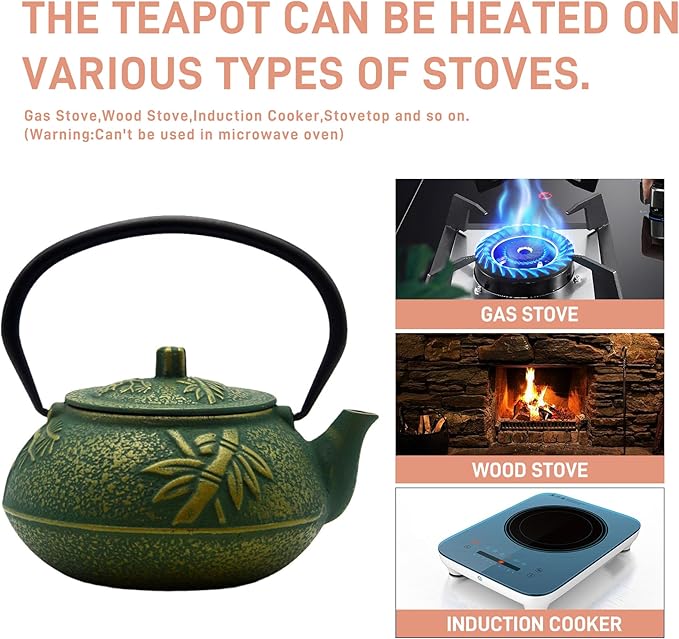 900ml Small Cast Iron Tea Kettle, SECHUDO Teapot Coated with Enameled Interior for Stovetop, Japanese Green Tea Pot with Stainless Steel Strainer for Loose Leaf, Pine,Bamboo and Plum Pattern(30.4oz)