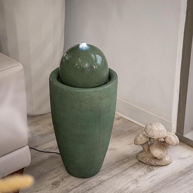 XBrand 25.98" H Round Stone Indoor/Outdoor Modern Stone Textured Sphere Water Fountain w/LED Lights, Green - Bloomnest