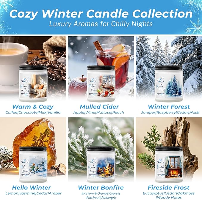 Winter Candle Set | 6 Pack Christmas Scented Candles for Home - Holiday Soy Candle Gift Set for Women Men, Winter Decor, Aromatherapy Candles Scents of Hello Winter/Forest/Cider/Warm/Fireside/Bonfire - Bloomnest