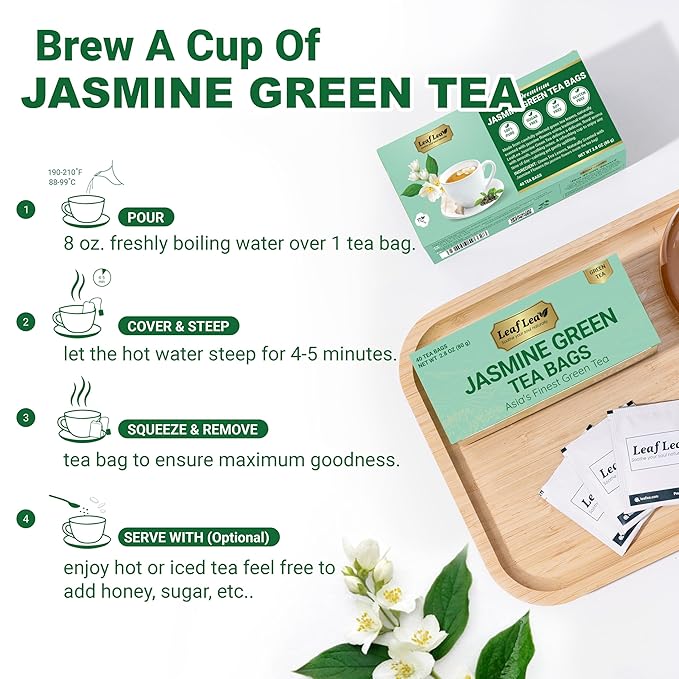 LeafLea 80 Jasmine Green Tea Bags, Green Tea with Natural Jasmine Aroma, Light Focus & Daily Balance, Delicate Floral and Smooth Taste, Caffeinated, Sugar-Free, Non-GMO, Vegan, Individually Wrapped - Bloomnest