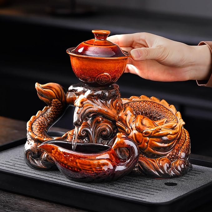 Semi Automatic Tea Set Ceramic Teapot with Infuser Magic Teapot with 8 cups (Yellow Dragon-D) - Bloomnest