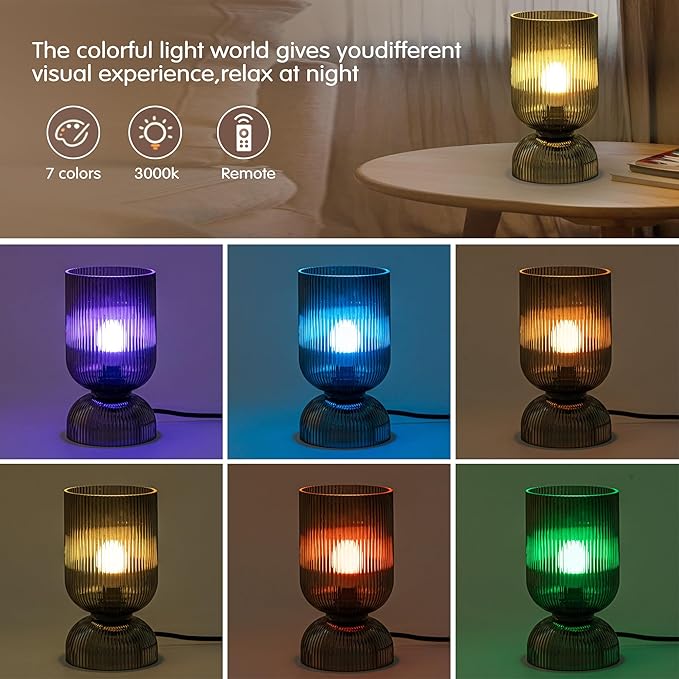 Modern RGB Glass Table Lamp with Remote，Color Changing Bedside Lamp with Ribbed Glass Shade, 16 Colors, On/Off Cord Switch, Nightstand Lamp for Bedroom, Living Room, Office, Bulb Included - Bloomnest