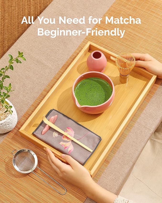 Maestri House Pink Matcha Whisk Set, 7-Pc Complete Matcha Kit with Spouted Ceramic Bowl, Bamboo Whisk and Holder, Scoop, Spoon Rest & Sifter, Tea Cloth – Ideal Gift for Matcha Lovers (Pink) - Bloomnest