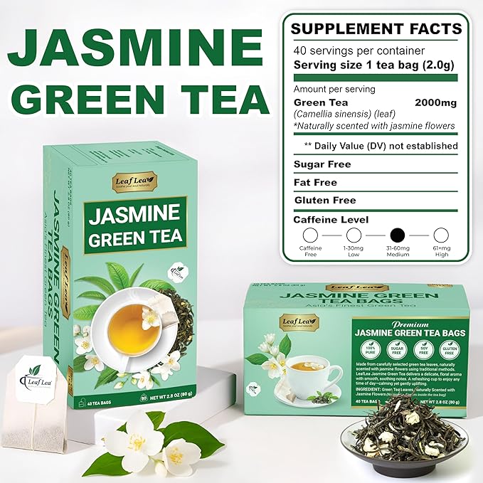 LeafLea 40 Jasmine Green Tea Bags, Premium Green Tea Scented with Jasmine Flowers for Gentle Support & Light Alertness, Floral Smoothness, Caffeinated, Sugar-Free, Non-GMO, Vegan, Individually Wrapped - Bloomnest