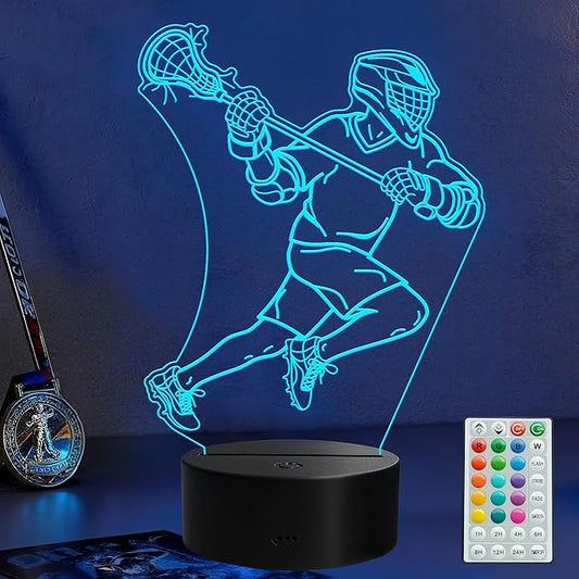 Lacrosse Night Light, Lacrosse Gifts for Boy, 3D Illusion Lamp with Remote Control, 16 Colors Changing, Timer, RGB Flashing Mode and Dimmable, Field Lacrosse Gifts for Men Christmas Decor - Bloomnest