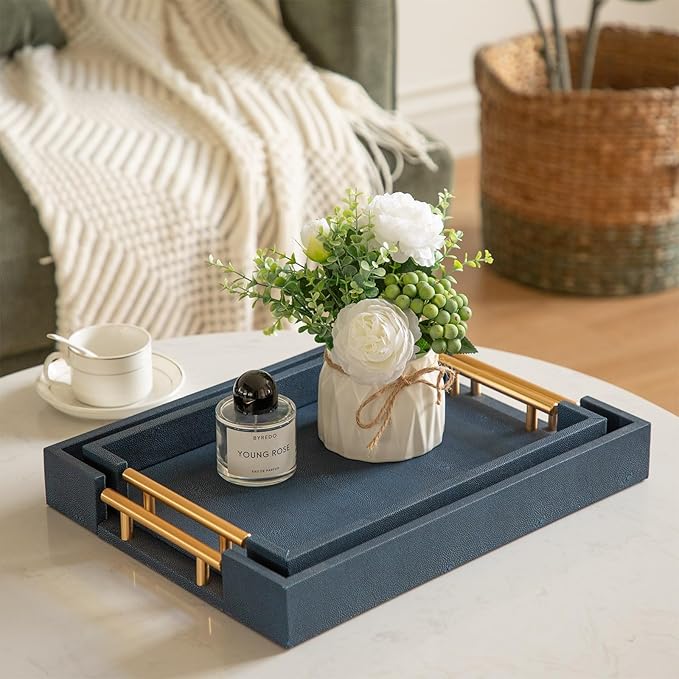 Modern Decorative Tray Set of 2, Blue Shagreen Leather Tray, Rectangle Serving Trays with Gold Polished Metal Handles, Ottoman Trays Coffee Table Perfume Kitchen Home Decor - Bloomnest