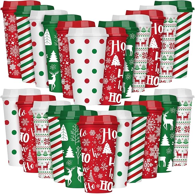 Pickmesh 24 Pcs Christmas Coffee Cups Gifts Bulk 16 oz Reusable Christmas Tree Snowflake Elk Pattern Tumblers with Lid Plastic Travel Coffee Mug for Women Coworkers Holiday Drinks - Bloomnest