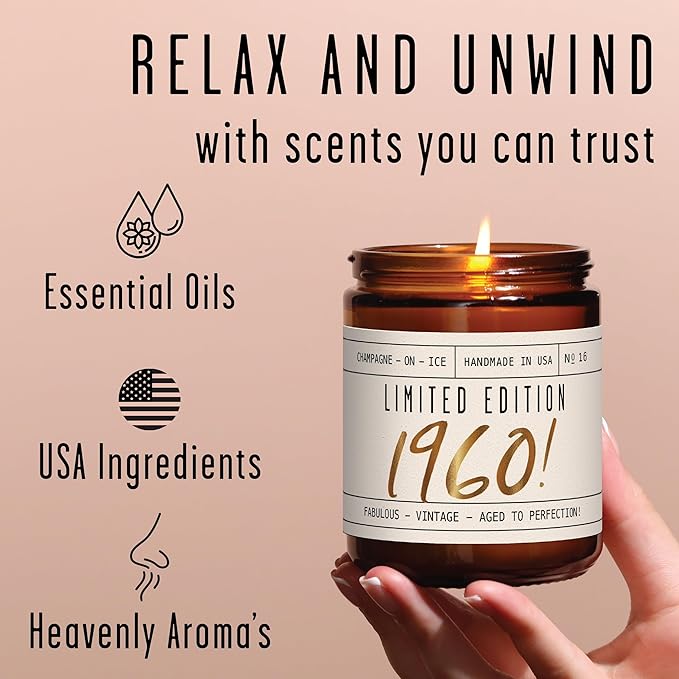 65th Birthday Gifts for Women - 'Limited Edition 1960' Soy Candle, w/Champagne on Ice I 65 Birthday Gifts for Women I 65th Gift for Her Ideas I 9oz Reusable Jar, 50Hr Burn, Made in USA - Bloomnest