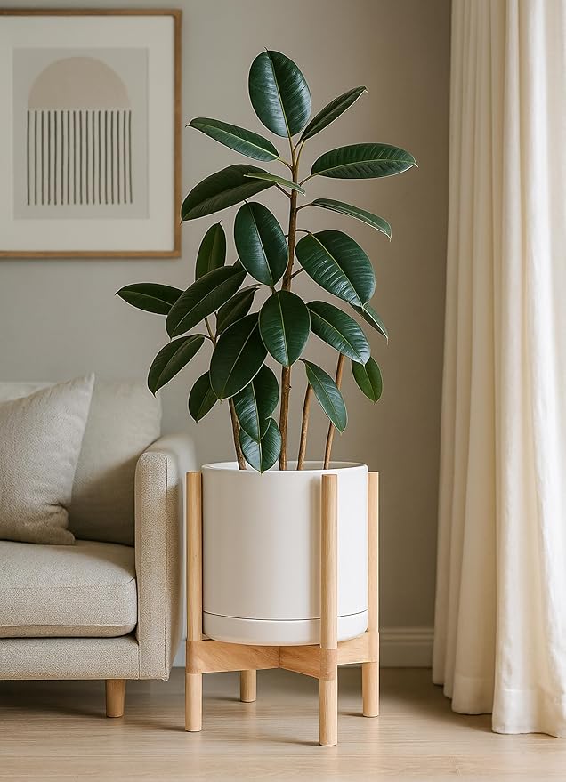 D'vine Dev Ceramic Planter with Natural Stand - 12 Inch Modern Round Flower Pot with Wood Planter Holder, Oatmeal, 55-B-J-8 - Bloomnest
