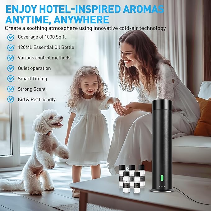 Waterless Scent Diffuser Starter Kit - 800 Sq Ft Coverage, Hotel Scent Diffuser, Essential Oil Diffuser Large Room, Included 5 Scent Oils, Remote Control, Black, 11.20In - Bloomnest