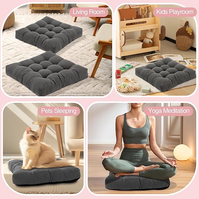 Floor Pillow Cushions for Adults Sitting Large Big Pillows for Floor Seating Square Memory Foam Thick Tufted, 22 x 22 Inch, Set of 2, Pink - Bloomnest