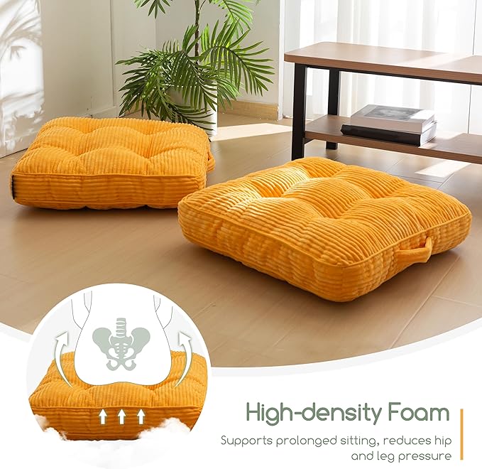 Washable Floor Pillow Cushion for Adults, Meditation Cushion Pillow, Large Square Floor Sitting, Removable Tufted Corduroy Cover, for Tatami Living Room or Yoga, 22x22 Inch, 2Pack, Machine Washable - Bloomnest