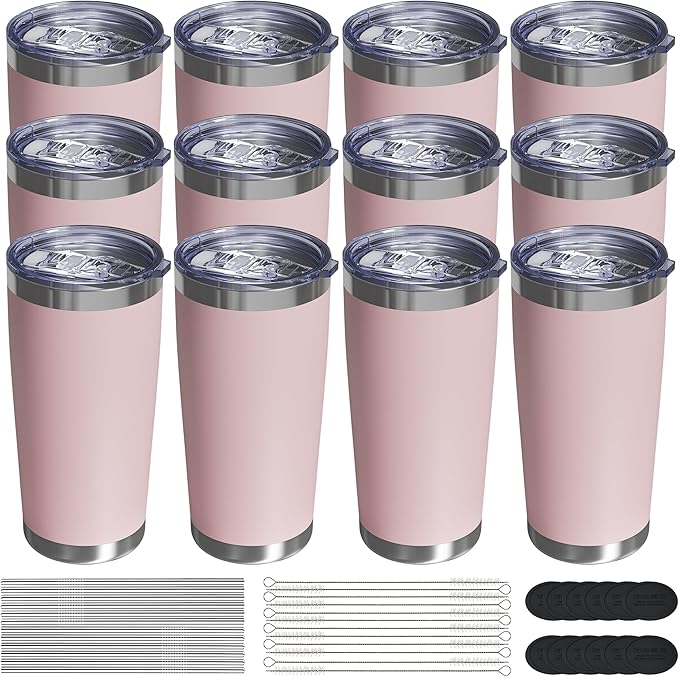 Travel Coffee Tumbler 20oz, 12 Pack Leakproof Travel Coffee Mug with Lid and Straw, Stainless Steel Double Wall Vacuum Insulated Tumbler for Hot/Iced Drinks (Textured Matte, Soft Pink) - Bloomnest