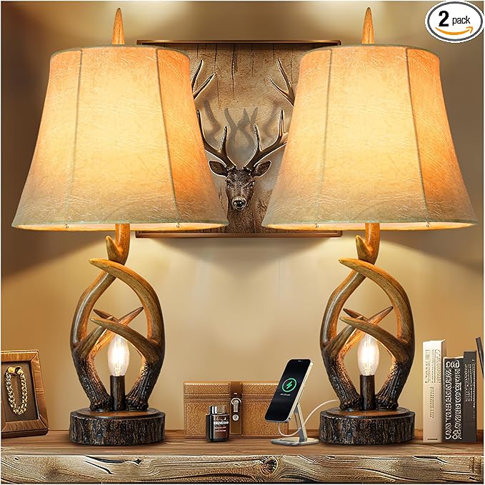 Scenekoy Rustic Farmhouse Antlers Bedside Table Lamp Set of 2 with Nightlight Dual USB Ports Leather Soft Bell Shade Brown Finish nightstand Lamp Decor for Living Room Bedroom Office House Hotel - Bloomnest