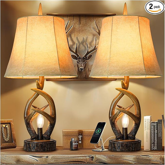 Scenekoy Rustic Farmhouse Antlers Bedside Table Lamp Set of 2 with Nightlight Dual USB Ports Leather Soft Bell Shade Brown Finish nightstand Lamp Decor for Living Room Bedroom Office House Hotel - Bloomnest