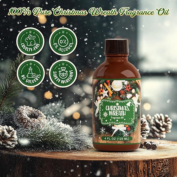 Christmas Wreath Fragrance Oil 4 Fl Oz, Undiluted Winter Essential Oil with Glass Dropper for Diffuser, Humidifier, House Cleaning,Spray,Soap Making,Candle Making,Yoga,Long Lasting Scents - Bloomnest