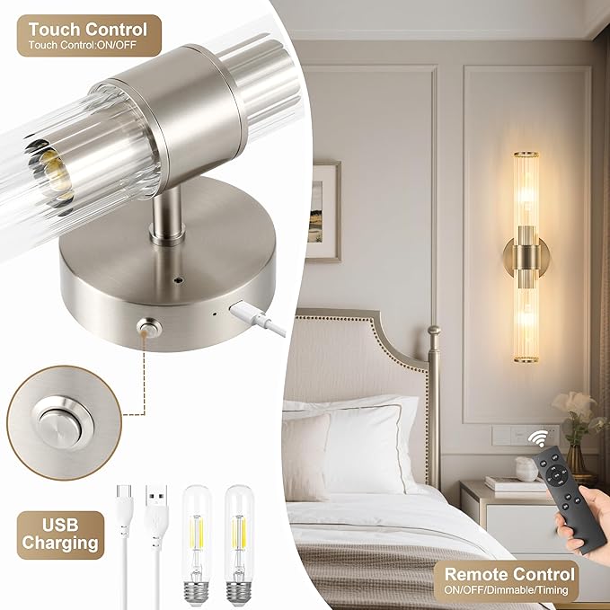 Sand Nickel Battery Operated Wall Sconces Set of Two, Rechargeable Wall Sconce with Dimmable Remote Control, 20 Inch Wireless Sconce Wall Light for Bedroom, Living Room (Bulbs Included) - Bloomnest