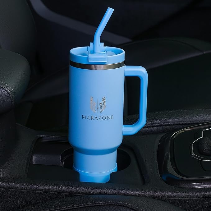 40 oz Insulated Tumbler with Handle and Straw – Stainless Steel Double Wall Vacuum Cup Fits Car Cup Holder, Hot Cold Travel Mug, BPA Free Reusable Water Bottle Gift for Women Men - Sky Blue - Bloomnest