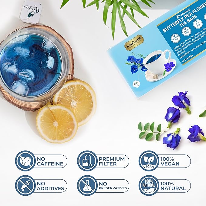 LeafLea 40 Butterfly Pea Flower Tea Bags, Herbal Flower Tea for Relaxation, Mocktails, and Natural Food Coloring, Caffeine-Free, Sugar-Free, Non-GMO - Bloomnest