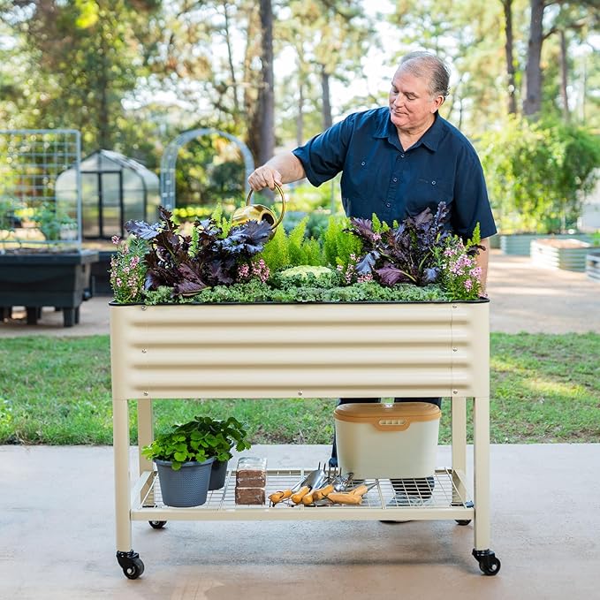 Rolling Elevated Raised Garden Bed-V Series, 2' x 4' Garden Beds with Legs & Storage Rack for Patio & Porch, 700 Lbs Weight Capacity, Outdoor Planter Box for Vegetables Flower Herbs, Pearl White - Bloomnest