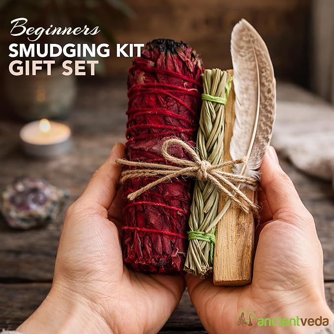 Ancient VEDA Organic Smudge Kit – Dragon's Blood, Palo Santo, Sweetgrass Braid, Feather & Smudge Guide | Home Cleansing Kit for Meditation, Yoga, Energy Healing (Starter Kit, Dragon's Blood Sage) AncientVeda