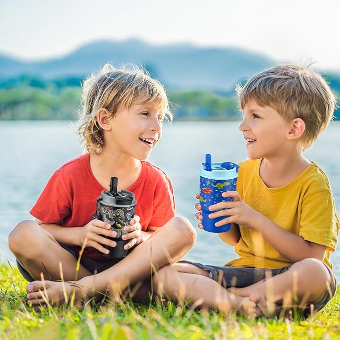 13.5oz Kids Insulated Tumbler with Lid and Straw, BPA-Free Stainless Steel Kids Water Bottle, Leak-Proof& Cupholder Friendly Tumbler for Boys & Girls -2 Pack(Dinasour+Game) - Bloomnest