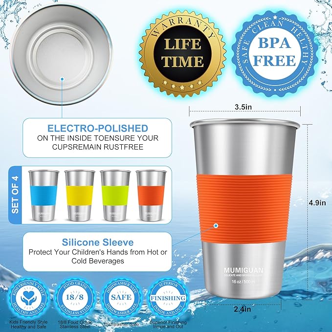 16 oz Stainless Steel Pint Cups with Silicone Sleeves 16oz/500ml (4 Pack), Water Tumbler, Camping Stainless Steel Pint Cups, Stackable Metal Drinking Glasses, BPA Free, Stackable, Durable. - Bloomnest
