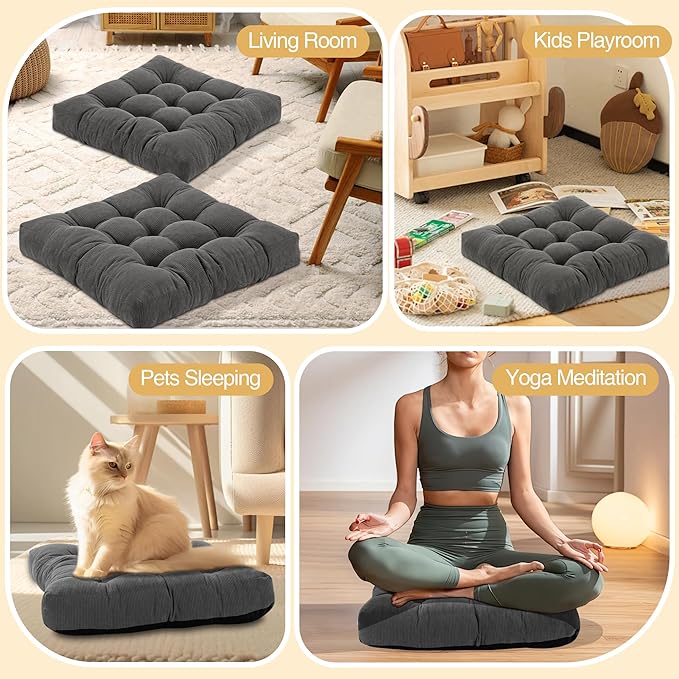 Floor Cushions for Adults Floor Pillows for Sitting Large Square Tufted Meditation Pillows Memory Foam 2 Pcs, 22" x 22", Orange Yellow - Bloomnest