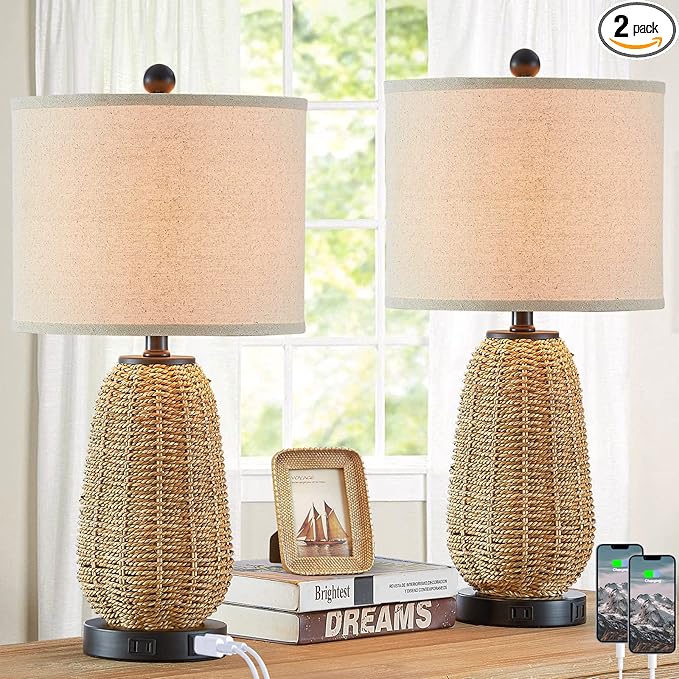 Touch Control Rattan Table Lamps, 3 Way Dimmable Bedside Lamps for Bedroom Set of 2 with 2 USB Ports and AC Outlet, Grass Rope Nightstand Lamps for Living Room Office (2 LED Bulbs Included) - Bloomnest