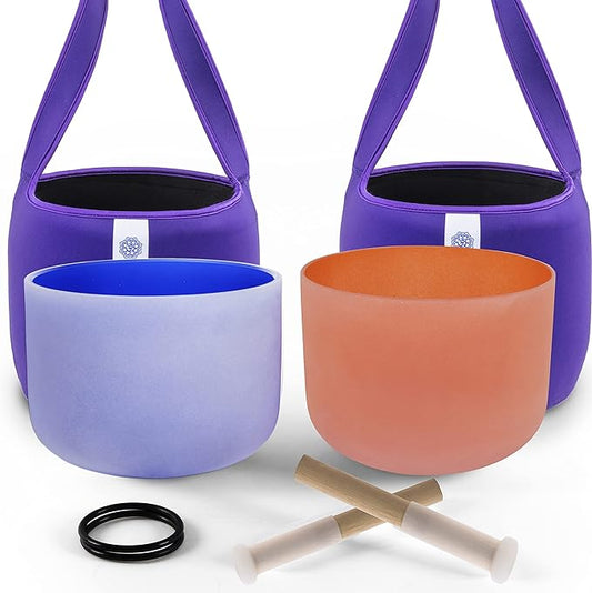 FMTY 10inch Crystal Singing Bowls set prefect pitch(±10HZ) Orange(Sacral)+ Indigo(3Rd Eye) with Soft Carrying Bag Sound Bowls Chakra Bowl