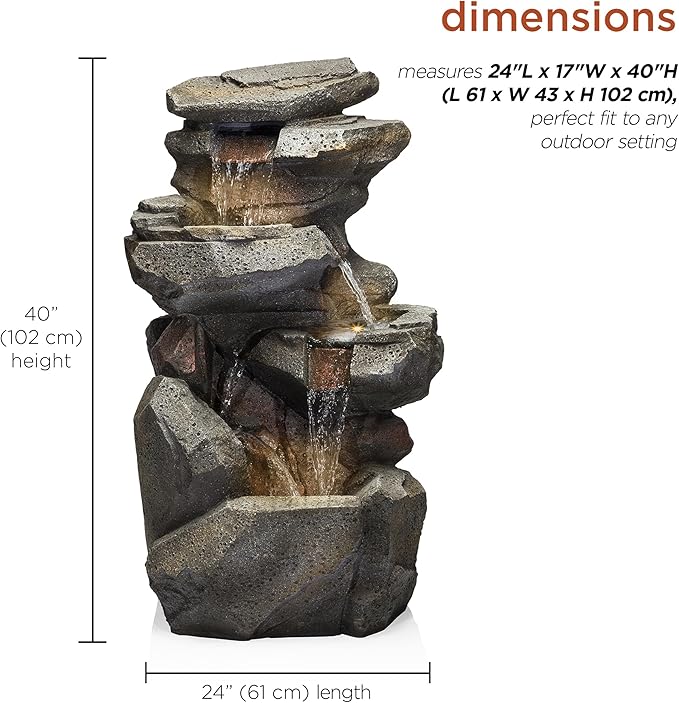 Alpine Corporation WIN1184 40" 3-Tier Outdoor Rock Waterfall Floor Fountain with Color-Changing LED Lights, Cascading Water Feature for Gardens, Patios, and Yards, Gray - Bloomnest