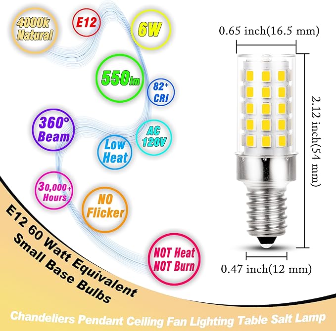 E12 Candelabra LED Light Bulbs 60 Watt Equivalent 120 Volt 4000K Natural White 550lm 6W C7 T6 E12 Small Base for Chandelier Pendant Ceiling Fan Lighting Table Salt Lamp, Non-dimmable, 4 Pack - Bloomnest