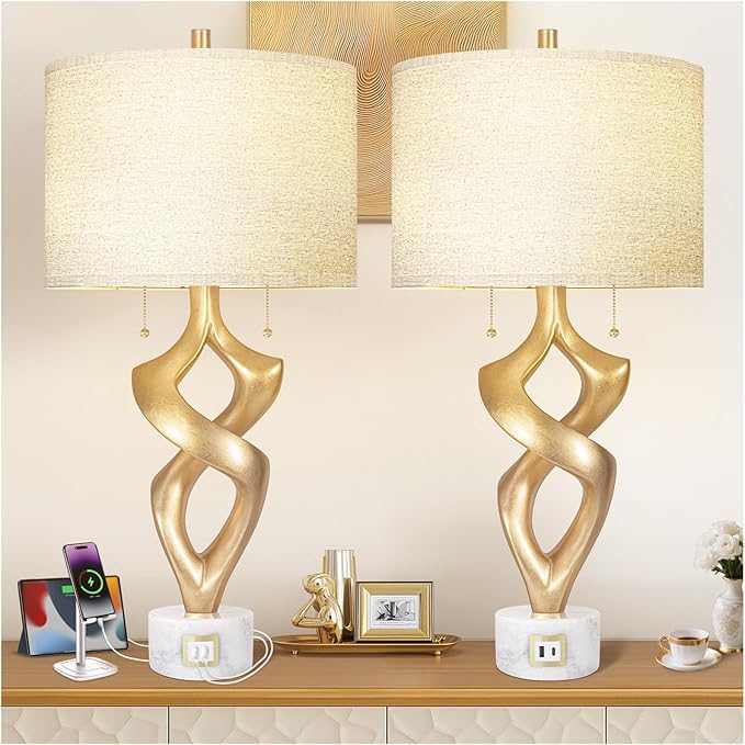 Scenekoy Sculptural Resin Table Lamp Set of 2 with USB Ports for Bedroom Living Room, 31” Big Gold Leaf Marble Base Bedside Lamps, Pull Chains Switch Modern Nightstand Lamp for Home Room Decor - Bloomnest
