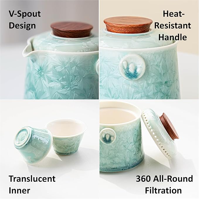Hermit Life Chinese Travel Tea Set, Portable Ceramic Teapot for One to Two, Gongfu Tea Set with Crystal Glaze, 1 Pot 2 Cups, Gift for Tea Lovers (Mint Green) - Bloomnest