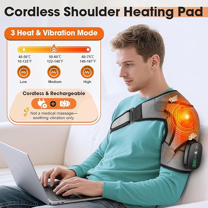 Cordless Shoulder Heating Pad, Shoulder Massager for Pain Relief Deep Tissue, Heated Shoulder Wrap with Heat and Massage for Men Women, Rotator Cuff Pain Shoulder Brace, Grey - Bloomnest