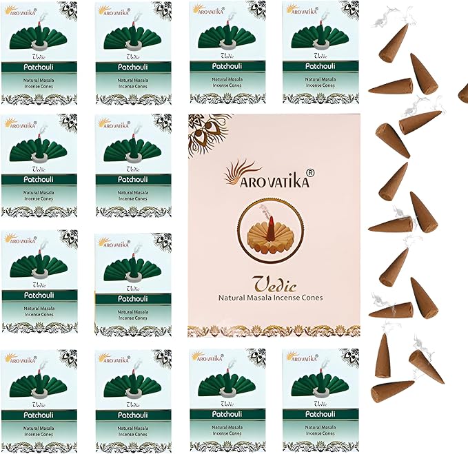 ARO VATIKA Vedic Patchouli Natural Masala 120 Incense Cones in Pack of 12 Boxes| Environment-Friendly Dhoop- Best for Prayer, Reiki, Meditation and Relaxation | Burn Time- 25 mins AROVATIKA